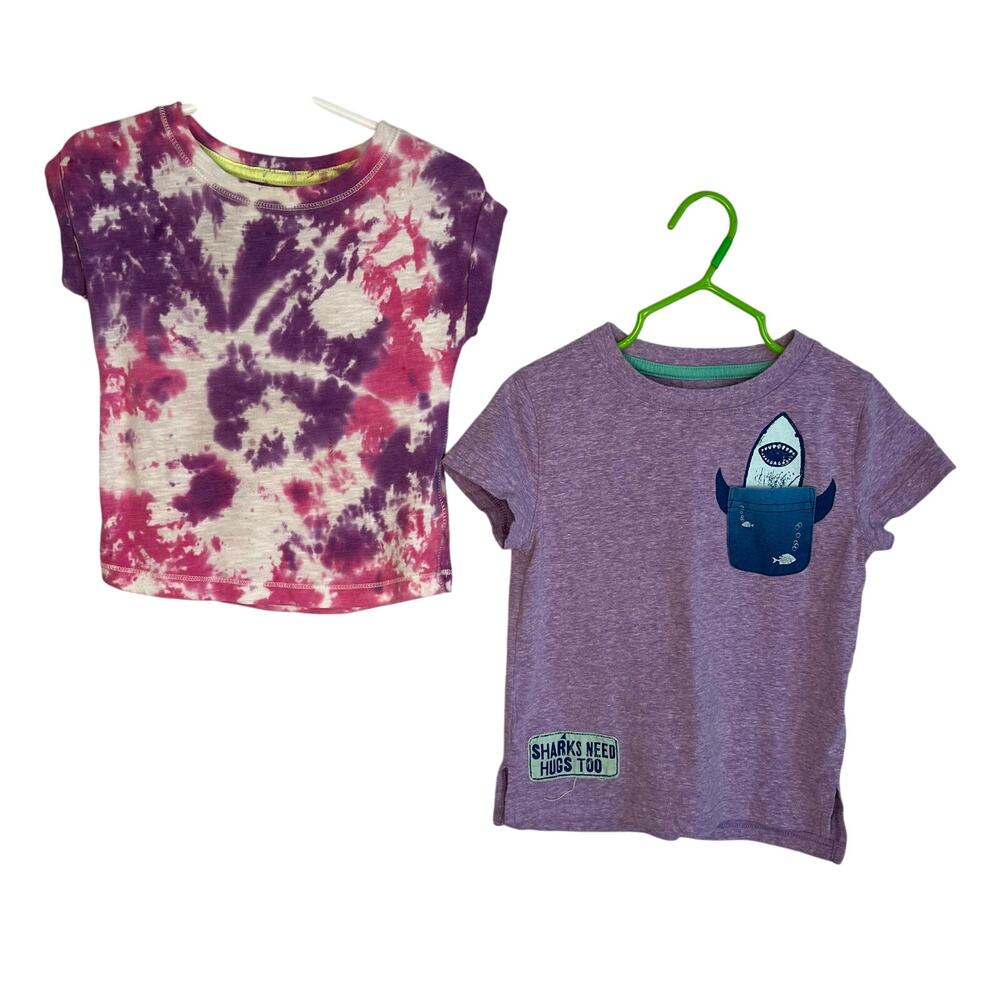 Girls’ Cat & Jack short sleeve T-shirts - Tie Dye & purple with shark Size 2T